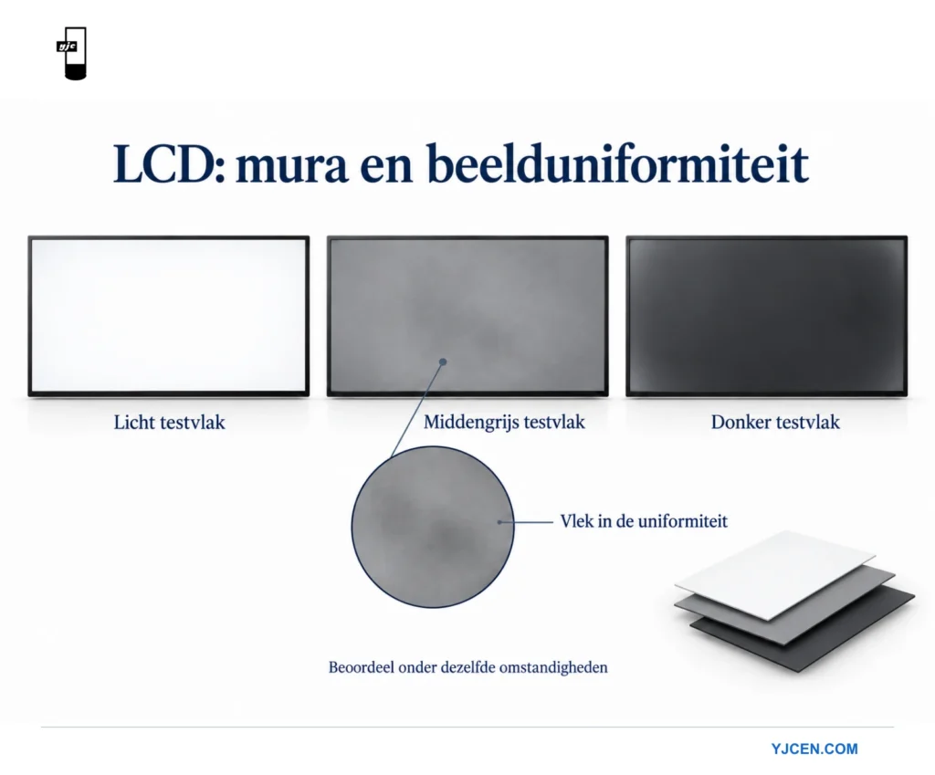 Drie LCD-panelen met lichte, middengrijze en donkere vlakken en een vergrote weergave van een ongelijkmatige, wolkachtige plek.