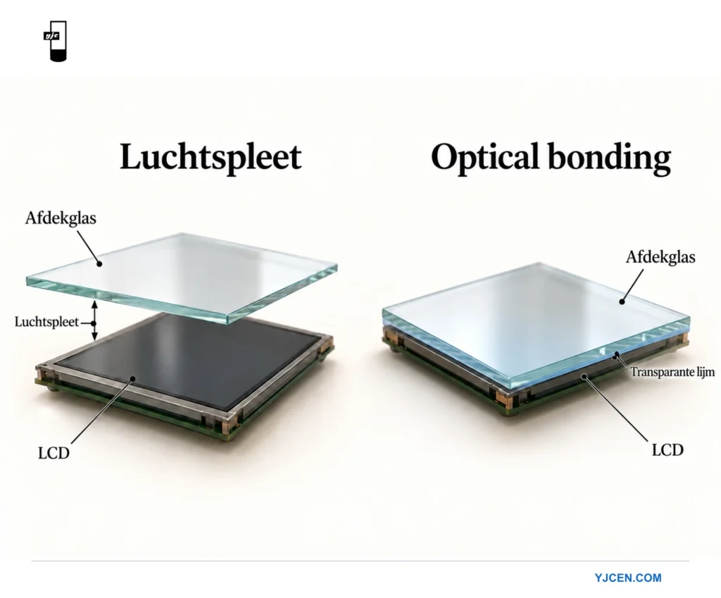 Doorsnedevergelijking van afdekglas boven een LCD-paneel, met een luchtspleet of een transparante optische lijm tussen de lagen.