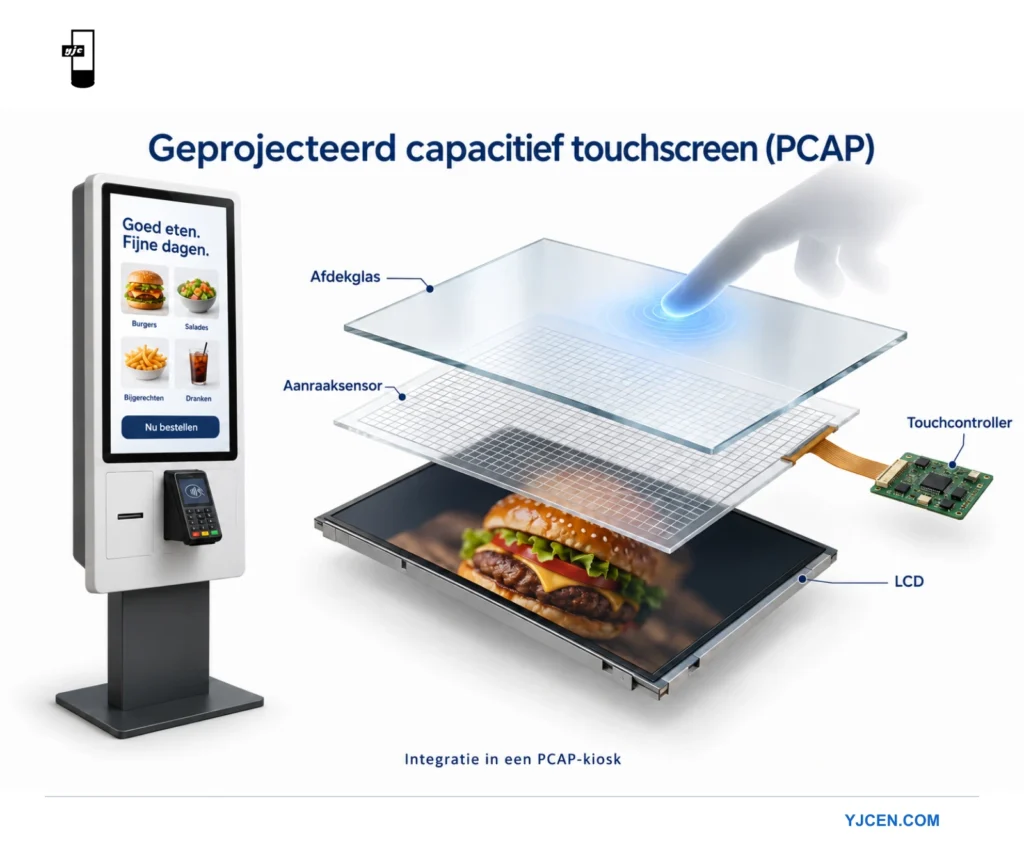 Een bestelzuil naast een opengewerkte weergave van afdekglas, aanraaksensor en LCD-paneel met aanraakcontroller.