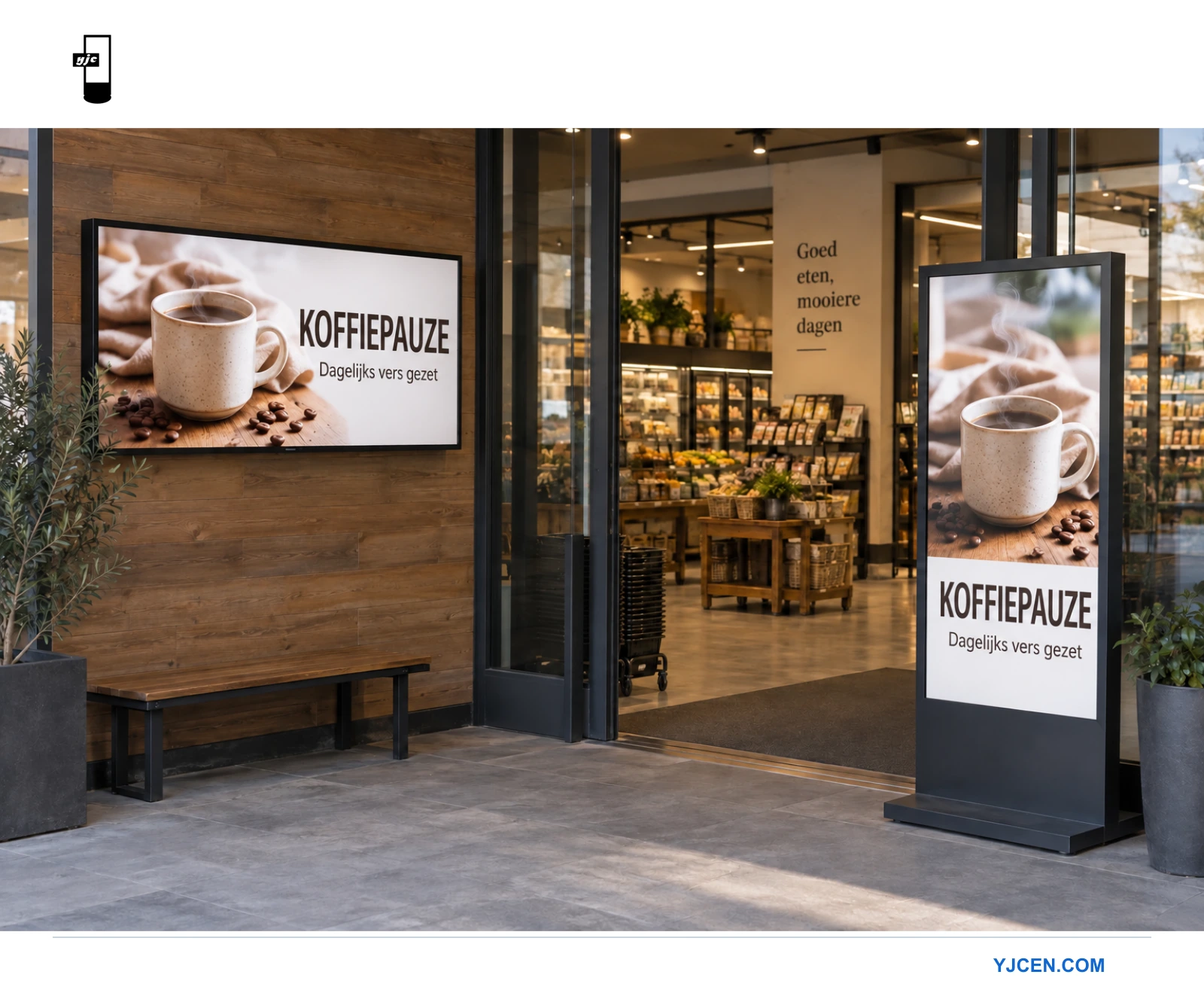 Liggende en staande professionele schermen met een koffiepromotie waarvan de indeling op elke schermvorm is afgestemd