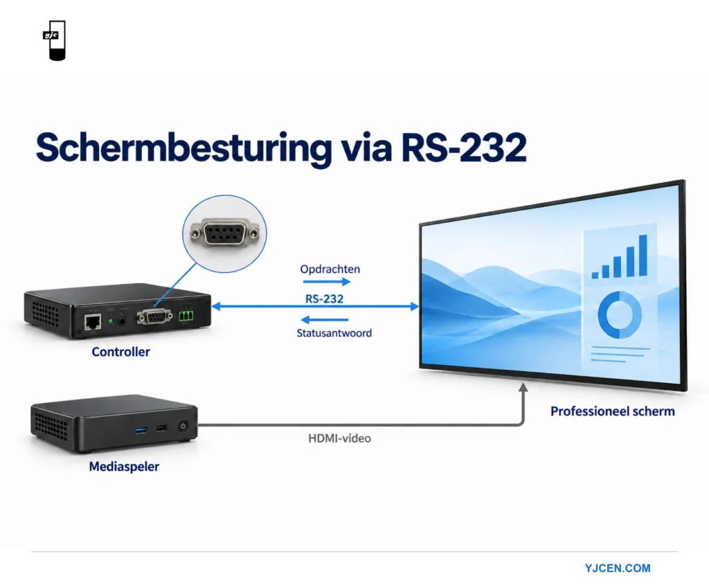 Een AV-controller wisselt RS-232-commando’s en antwoorden uit met een professioneel display, terwijl een aparte mediaspeler HDMI-video verstuurt.