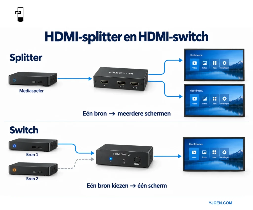 Een HDMI-splitter stuurt één speler naar twee displays; een HDMI-switch selecteert een van twee bronnen voor één display.