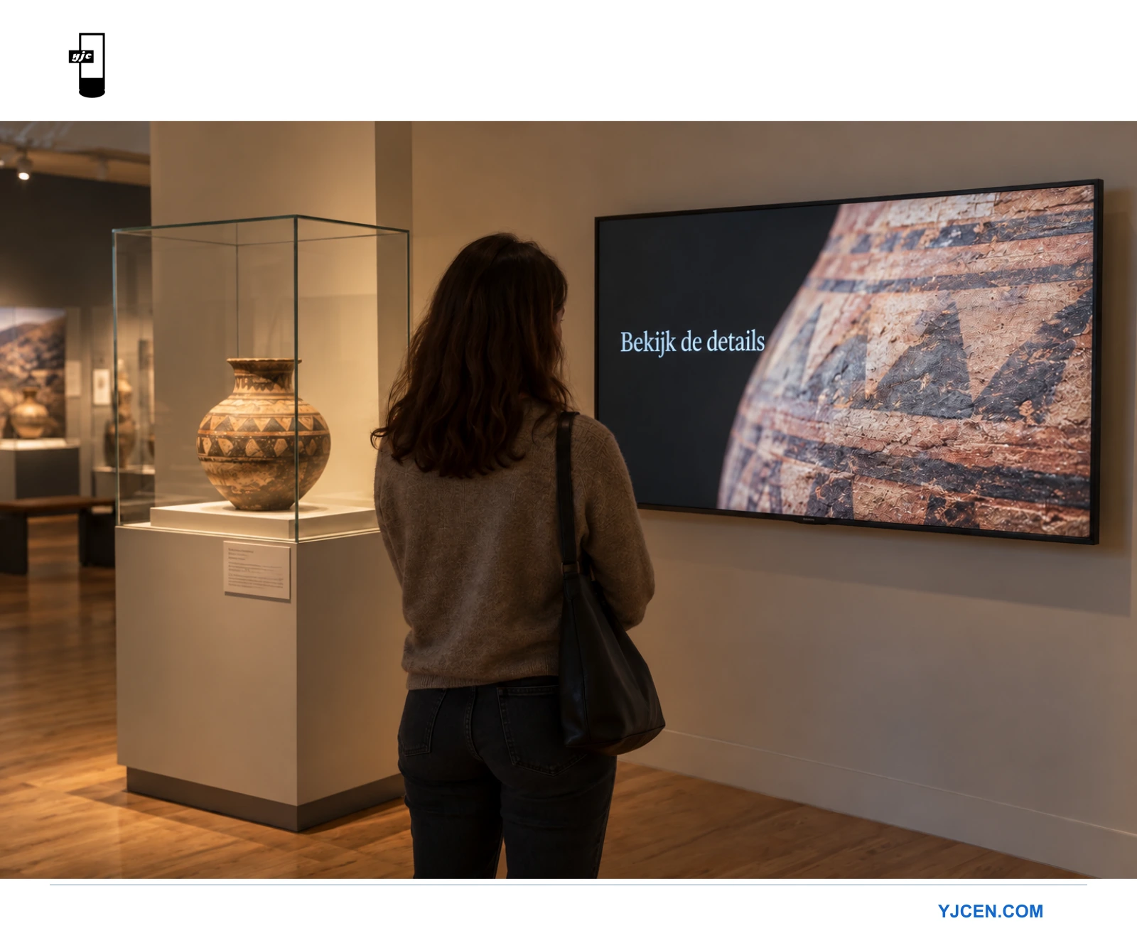 Een bezoeker bekijkt op een wanddisplay een detail van aardewerk naast een voorwerp in een glazen vitrine.