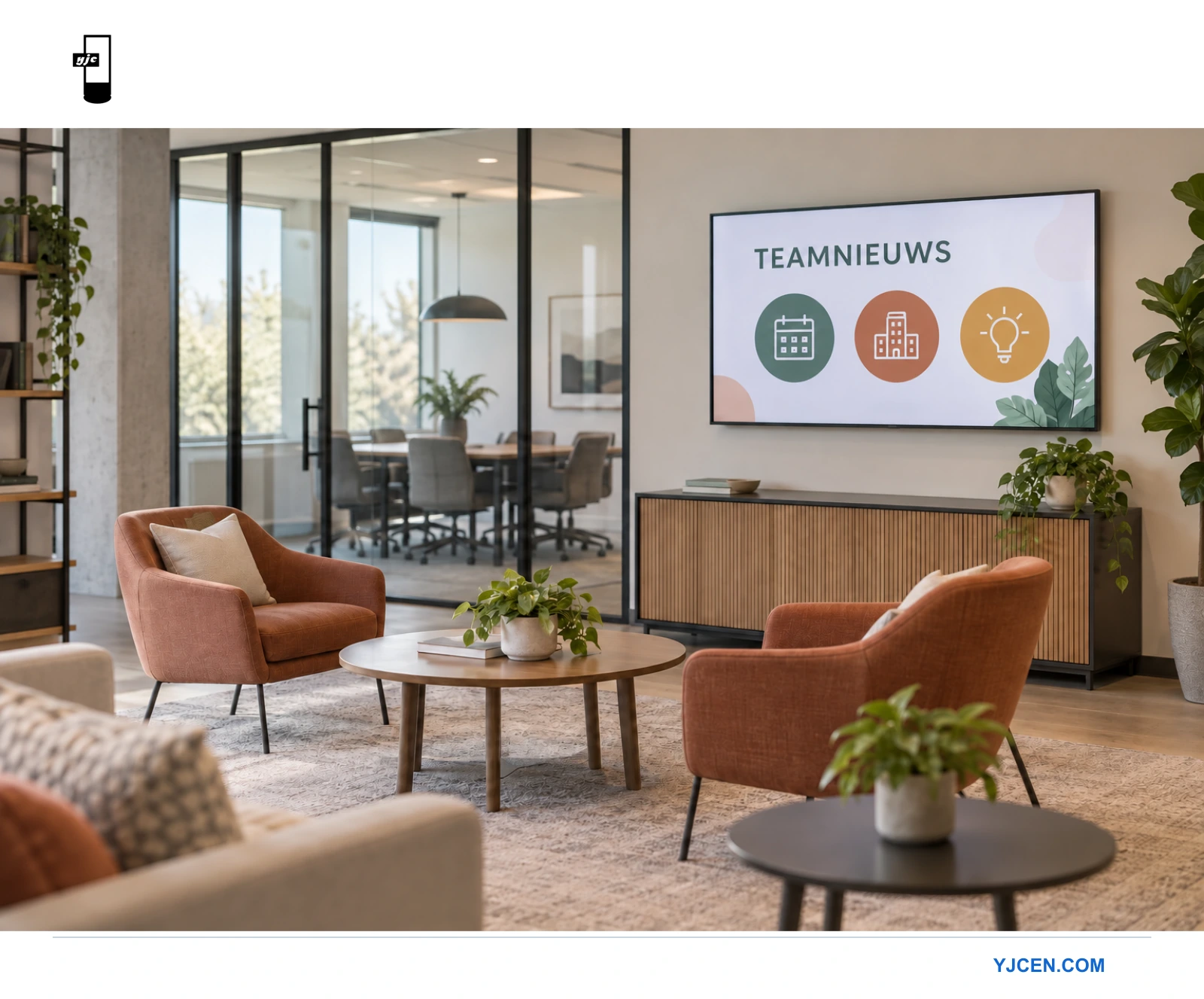 Professioneel display met een teamupdate in een personeelslounge naast een vergaderruimte