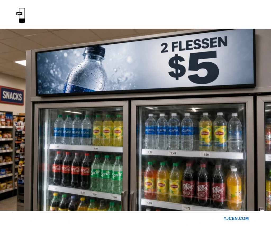 Stretched-bar-LCD-display op een drankkoeling met een waterfles met condens en een aanbieding van twee flessen voor $ 5.