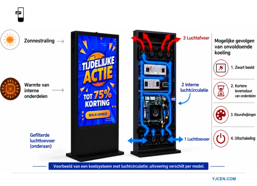Schema van mogelijke interne ventilatoren, gefilterde inlaat en uitgaande lucht bij digital signage buiten.