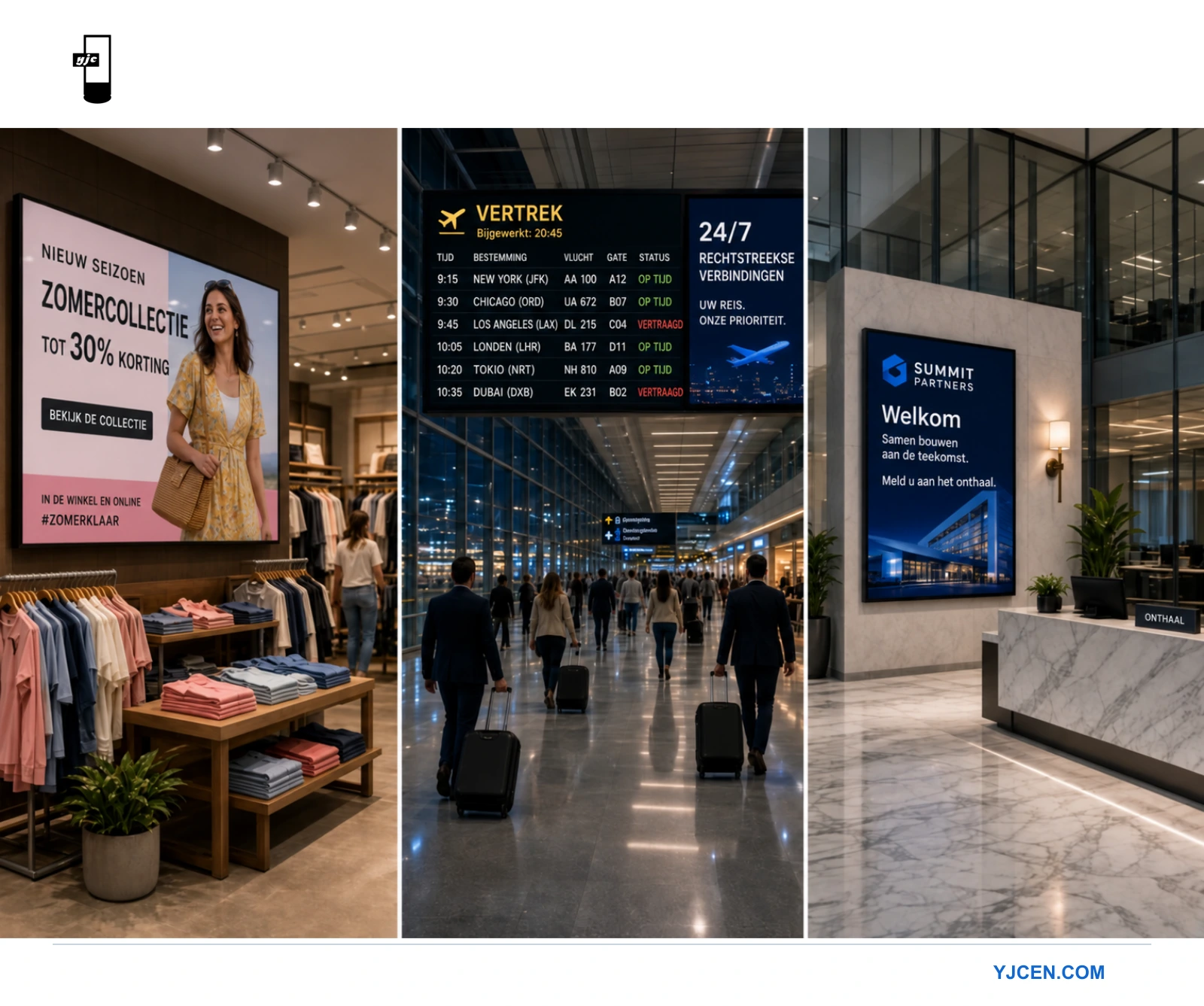 Drie voorbeelden van digital signage: een zomeractie in een winkel, een vertrekbord met vluchtinformatie op een luchthaven en een welkomstscherm in een kantoor.