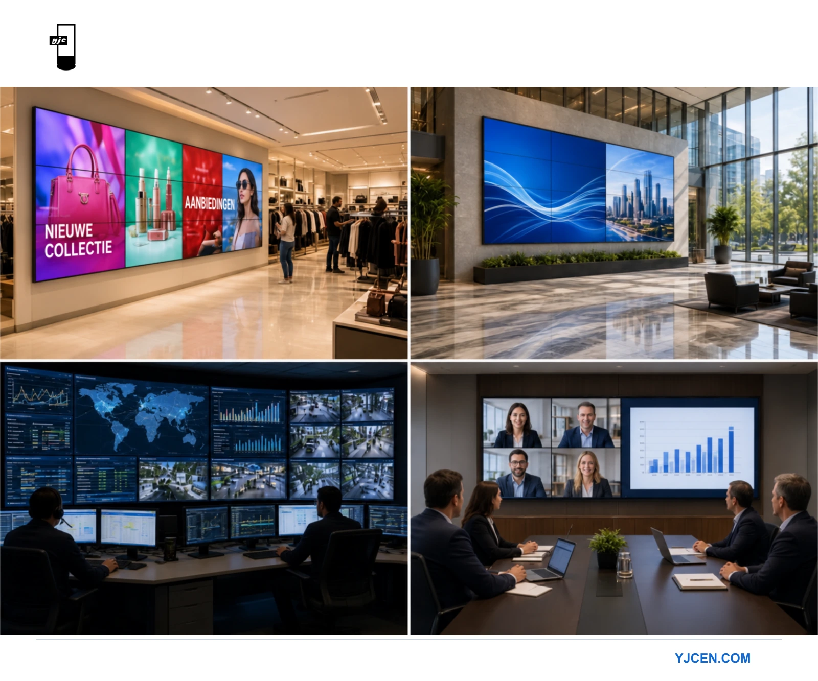 Vergelijking tussen consumententelevisie en professioneel display voor digital signage in een fastfoodrestaurant, met een hamburgeradvertentie op een gewone tv en digitale menuborden op professionele displays