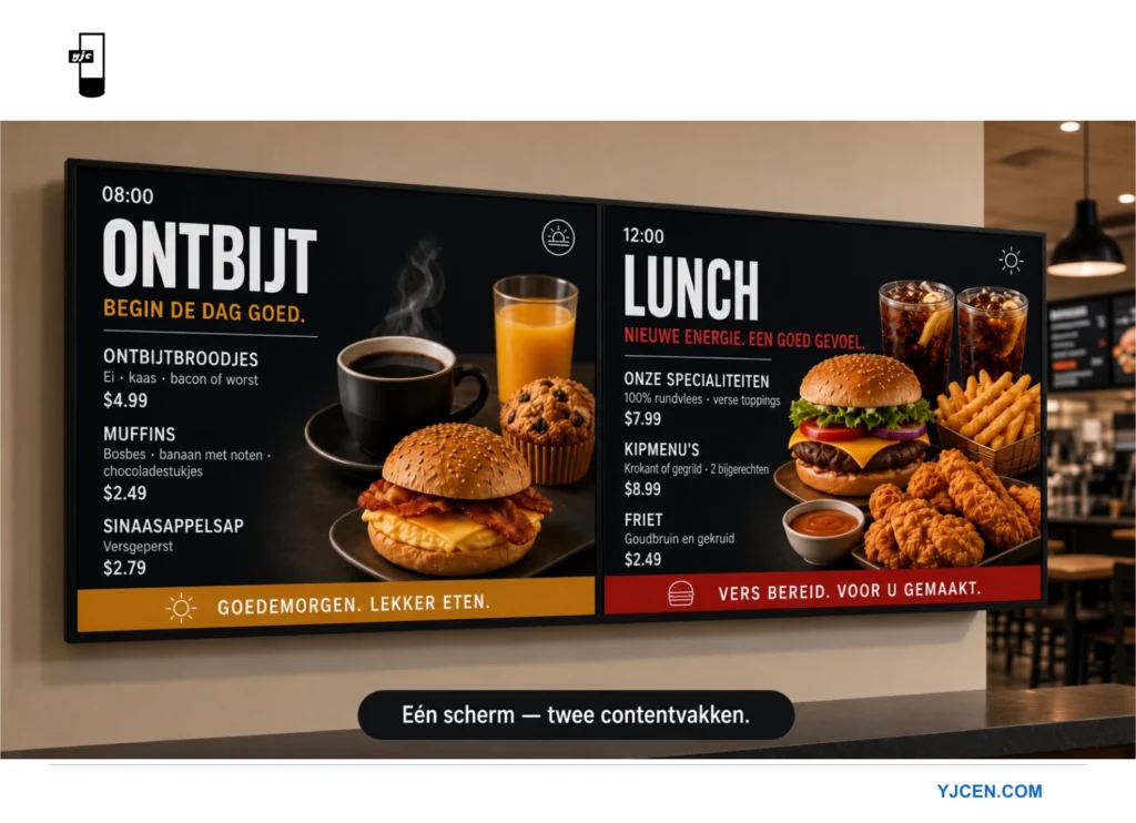 Eén digitaal menuscherm met ontbijtcontent links en lunchcontent rechts, als voorbeeld van dagdeelcontent.