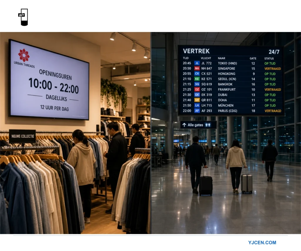 Twee voorbeelden van digital signage naast elkaar: een winkeldisplay met openingsuren en een vertrekbord op een luchthaven met vluchtinformatie.