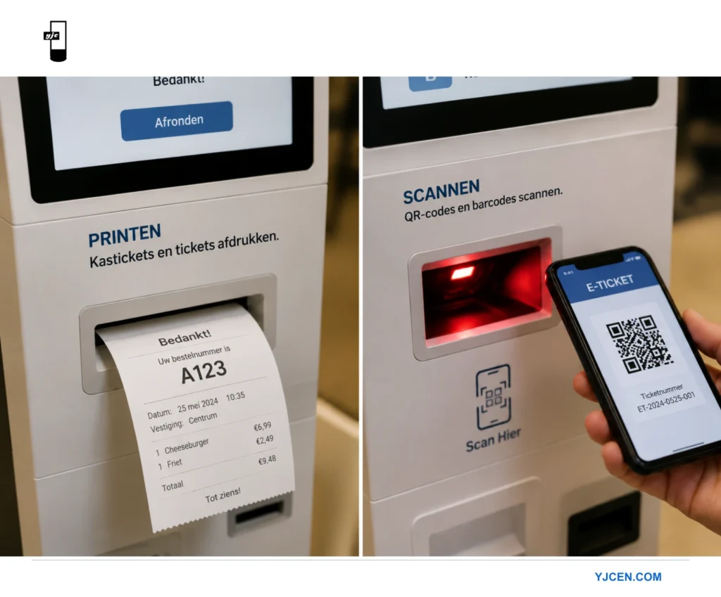Zelfbedieningskiosk met een uitvoersleuf voor ontvangstbewijzen en een QR-codelezer