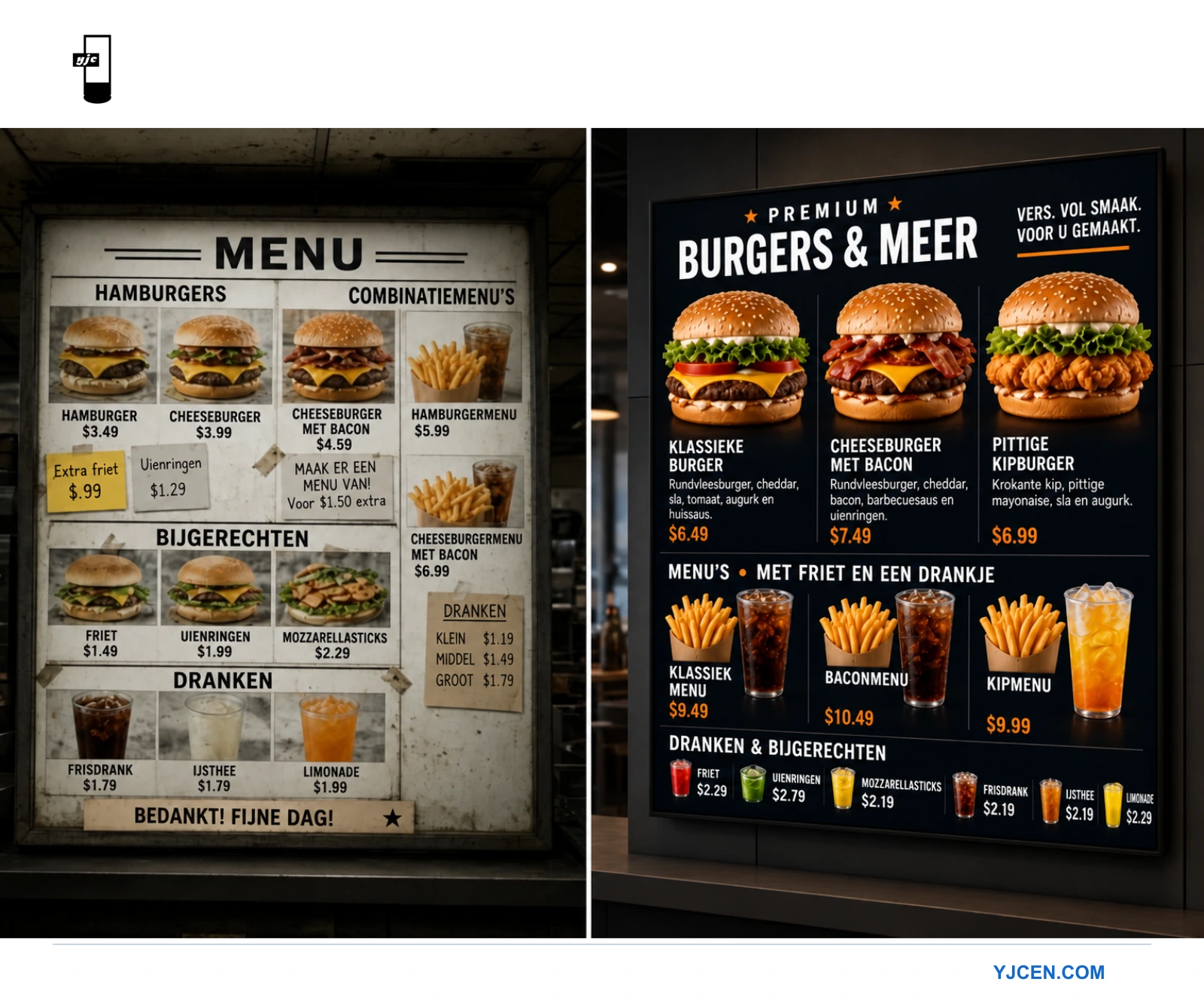 Vergelijking van een vaste lichtbak en een digitaal menubord met burgerbeelden en prijsinformatie in een snelservicerestaurant.