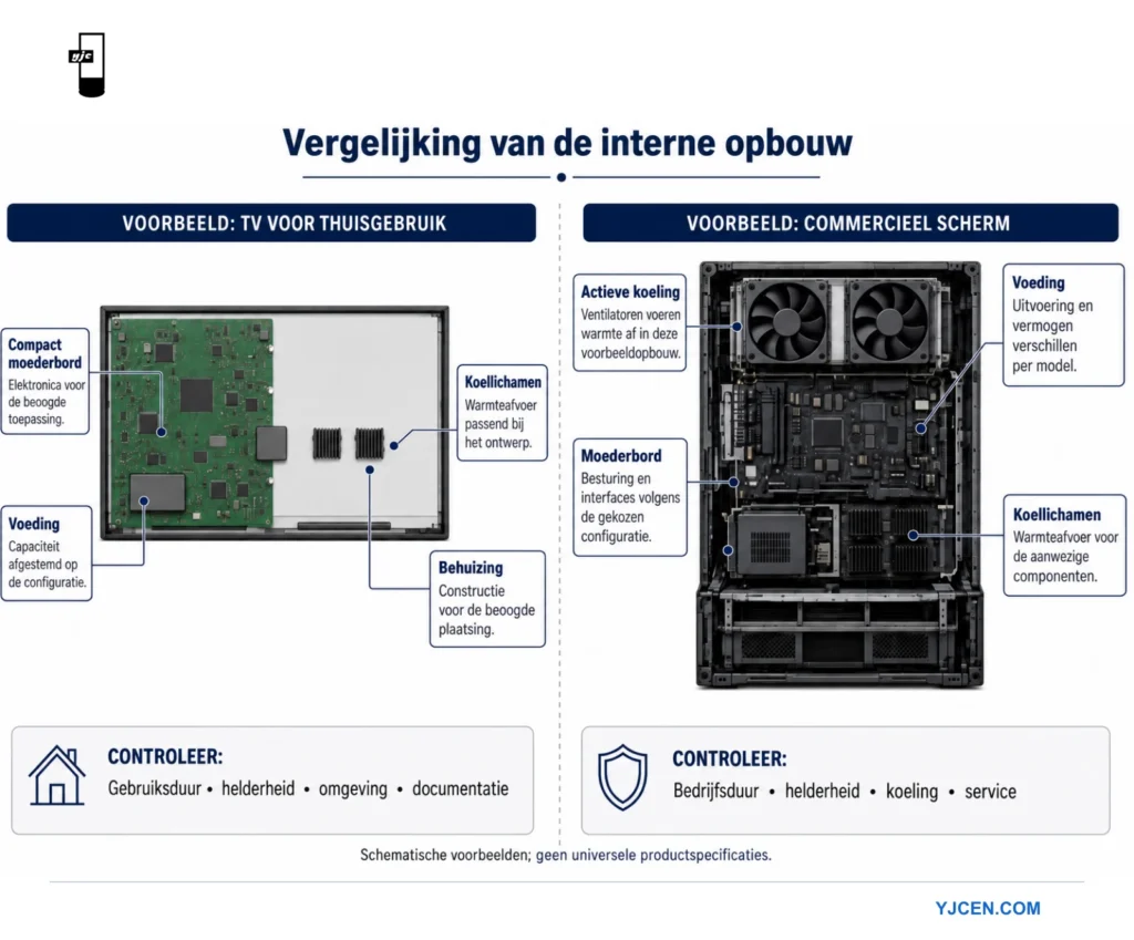 Conceptschema van verschillen tussen een televisie en professioneel display, met voeding, besturing en koelonderdelen. De indeling geldt niet als specificatie van elk model.
