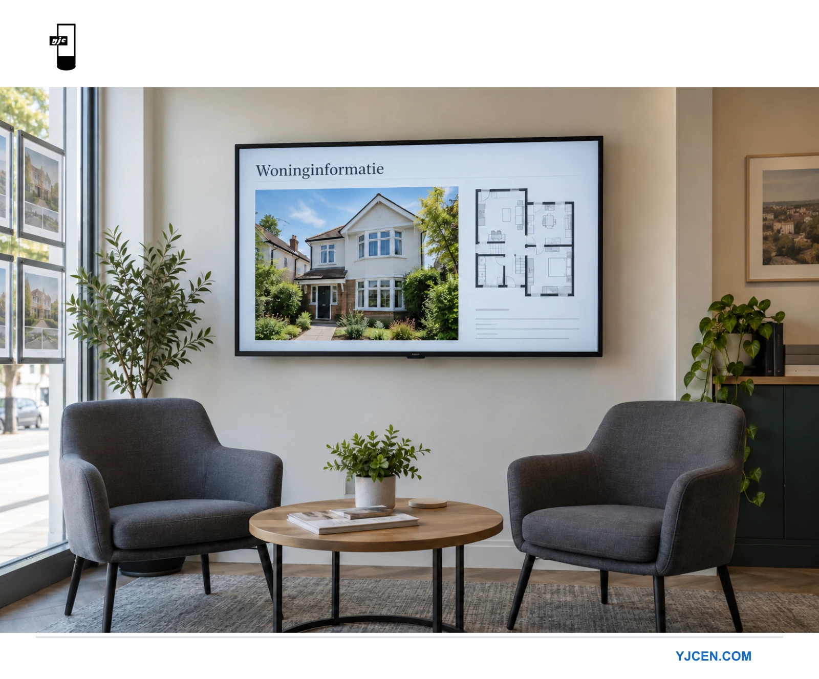 Een wandgemonteerd professioneel display boven twee vergaderstoelen toont een woningfoto en een plattegrond.
