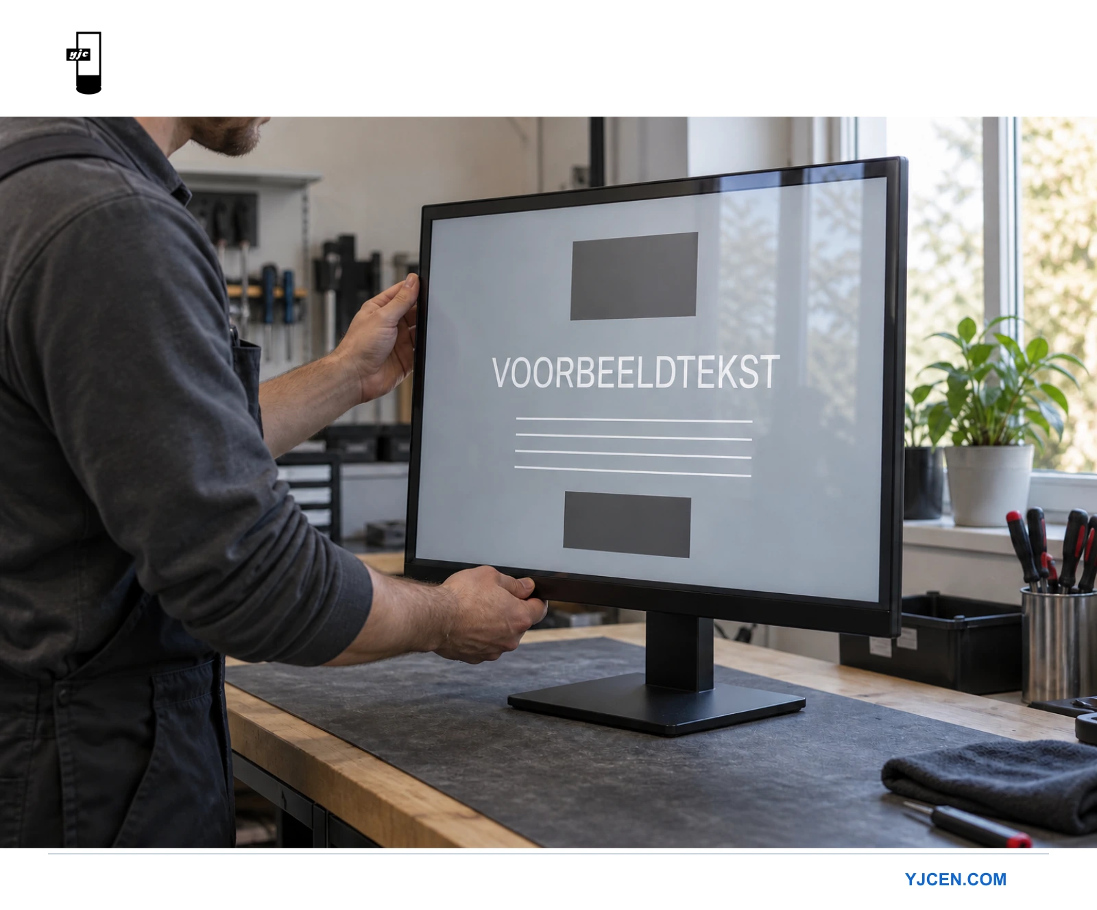 Een technicus beoordeelt reflecties en leesbaarheid van een display met een teksttestpatroon bij een helder verlicht raam.
