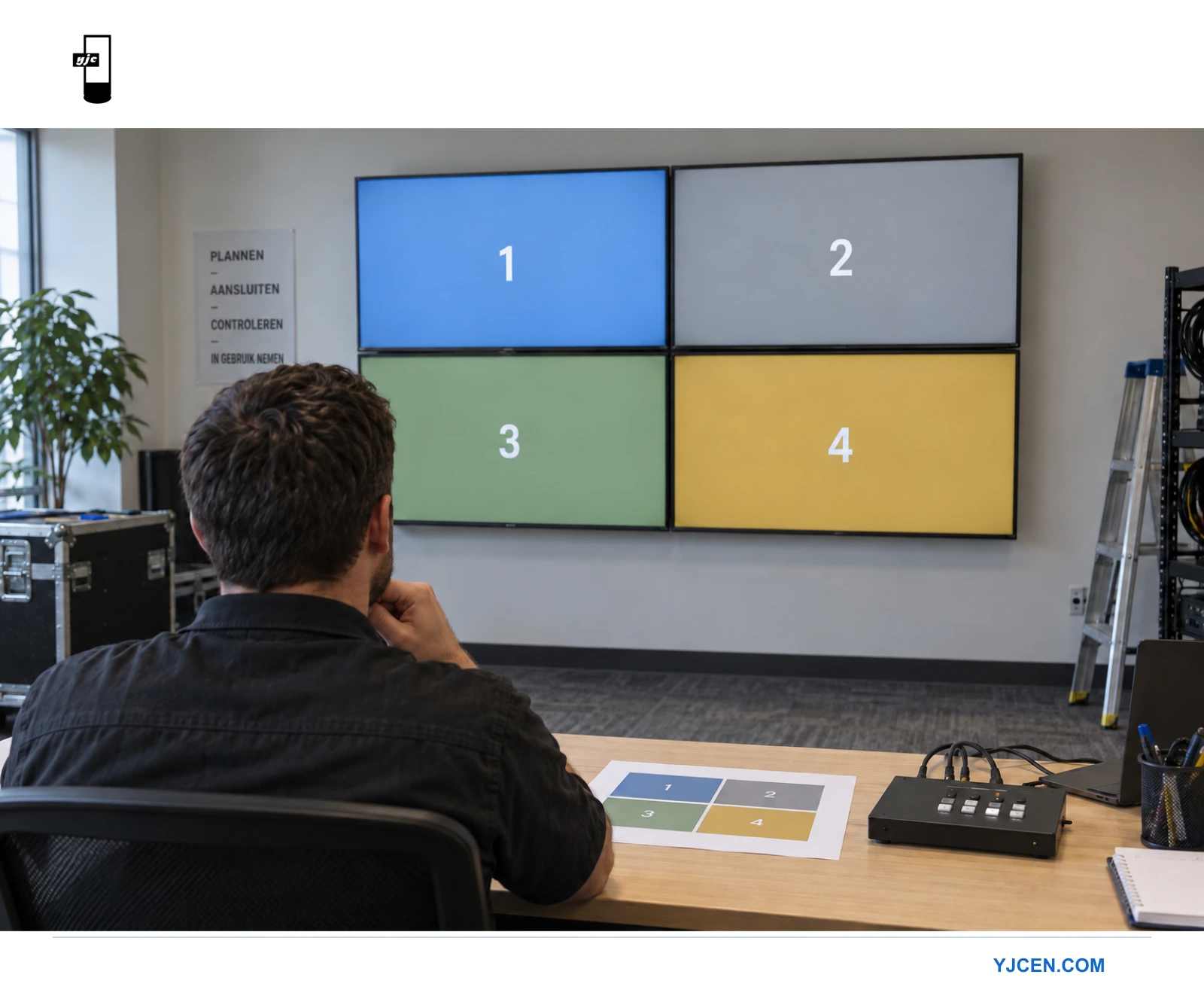 Een technicus vergelijkt een genummerde videowall van vier panelen met een bijbehorende indelingstekening op het bureau.