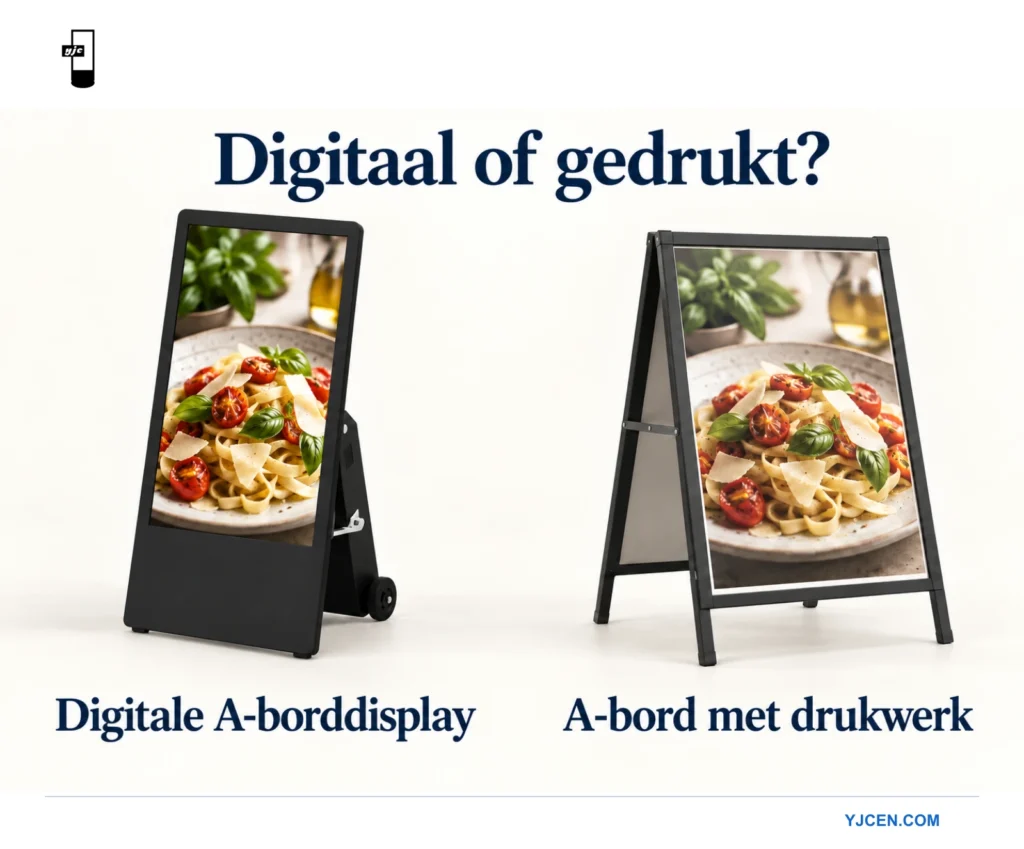 Een digitaal stoepbord en een bedrukt A-bord tonen naast elkaar dezelfde foto van eten.