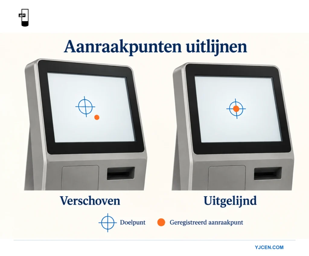 Twee kioskschermen vergelijken een verschoven aanraakpunt met een punt op de juiste doelpositie.