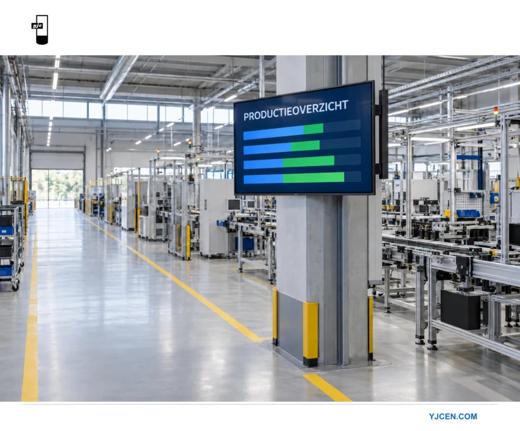 Display met een productie-update op een constructiekolom naast een looproute in een fabriek