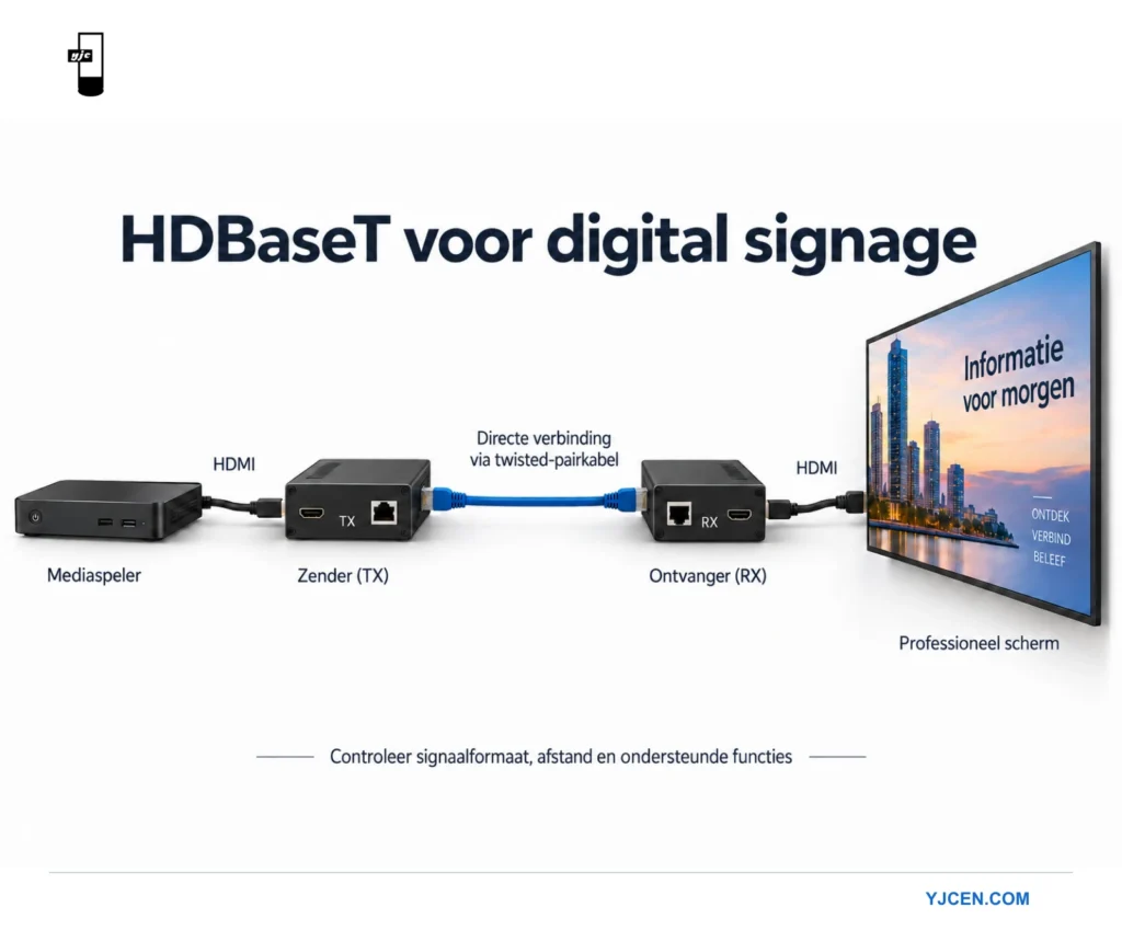 Een mediaspeler, HDBaseT-zender en -ontvanger en een professioneel display zijn achtereenvolgens aangesloten.