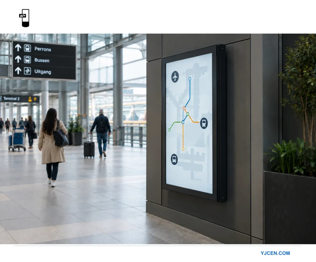 Een staand informatiedisplay met een donker metalen frame is naast een looproute in een stationshal gemonteerd.