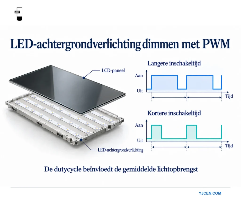 Opengewerkt LCD-paneel en LED-achtergrondverlichting naast pulsschema’s met gelijke perioden en verschillende inschakeltijden.