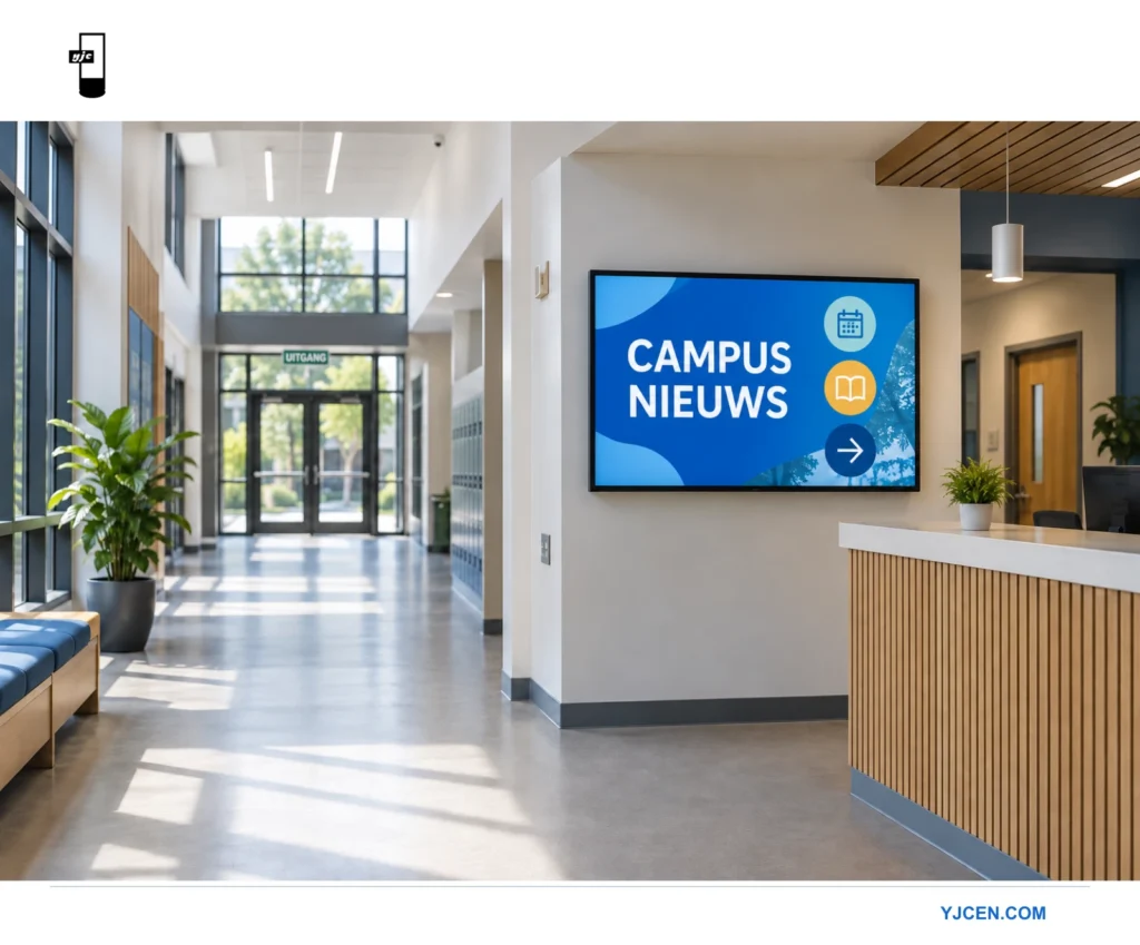 Nieuwsscherm aan de wand naast een schoolreceptie
