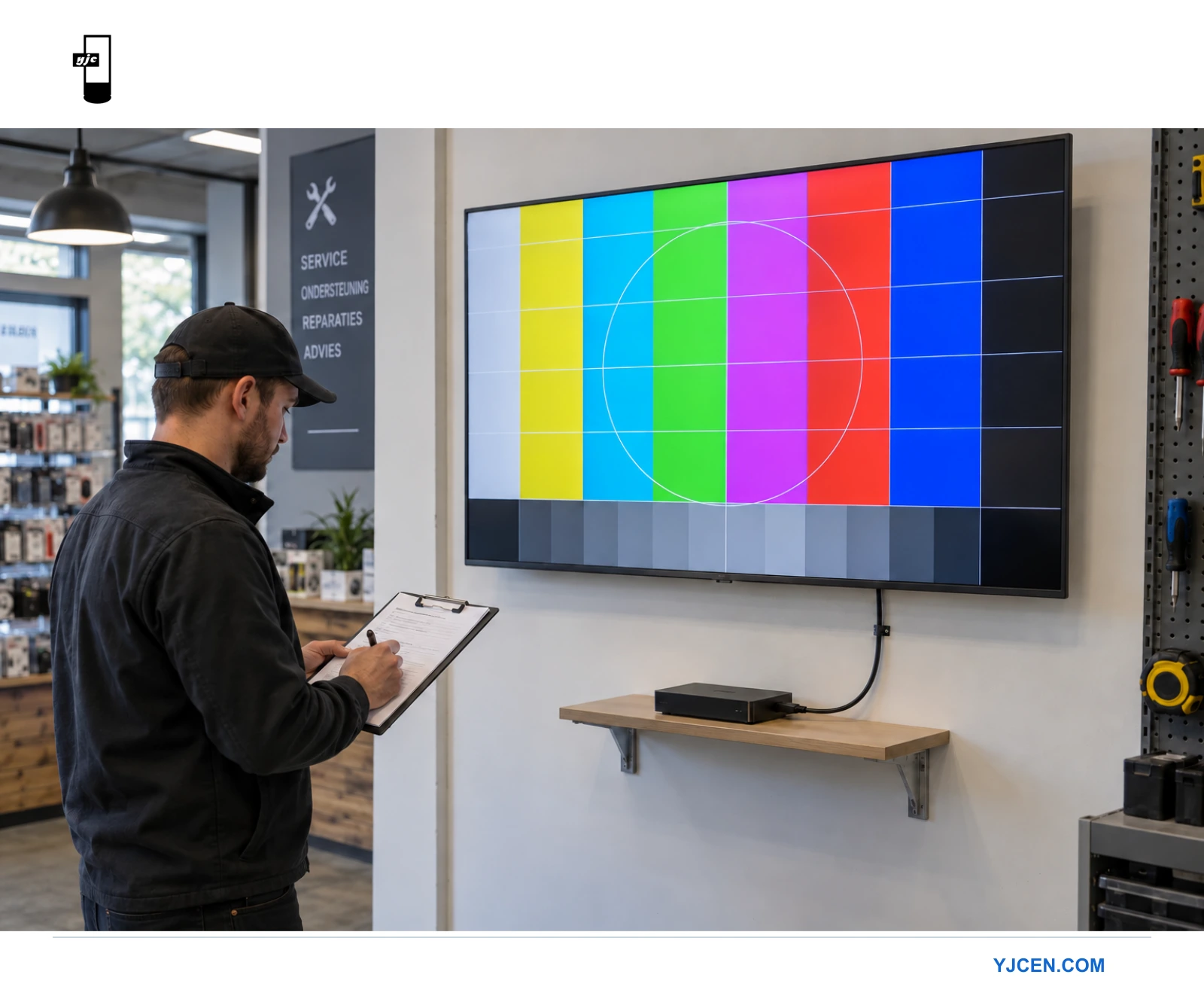 Een installateur bekijkt een checklist bij een wanddisplay met testpatroon en een aangesloten mediaspeler.