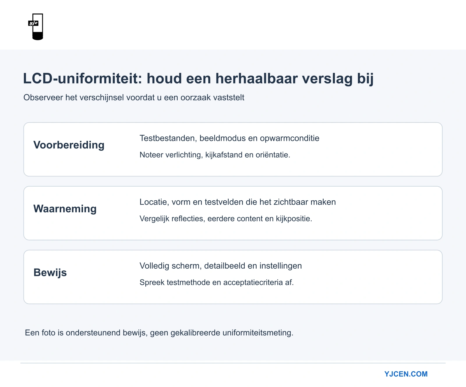 Inspectiechecklist met testomstandigheden, de plaats van zichtbare ongelijkmatigheid en te bewaren bewijsmateriaal.