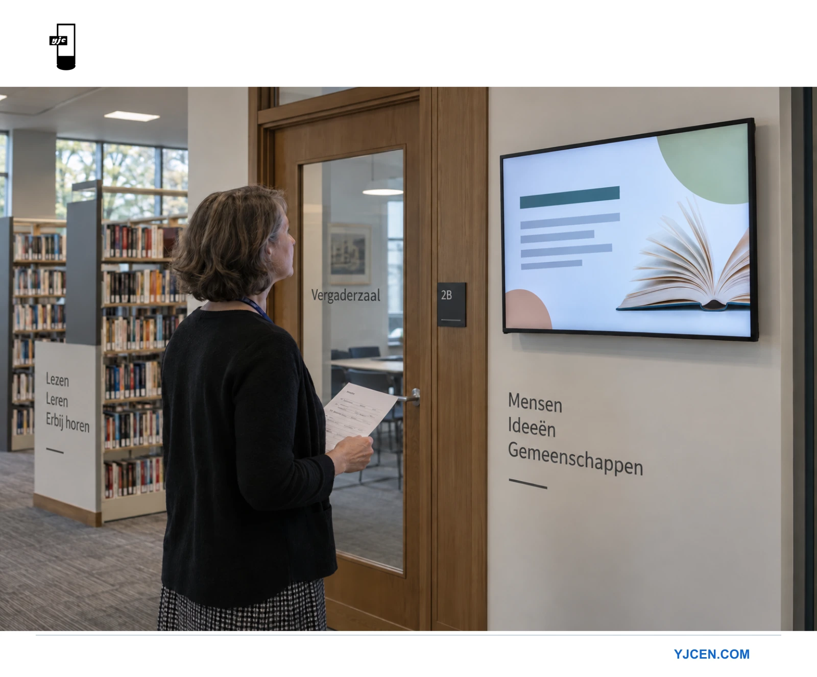 Een medewerker controleert met een checklist een bibliotheekwanddisplay naast een vergaderzaalingang.