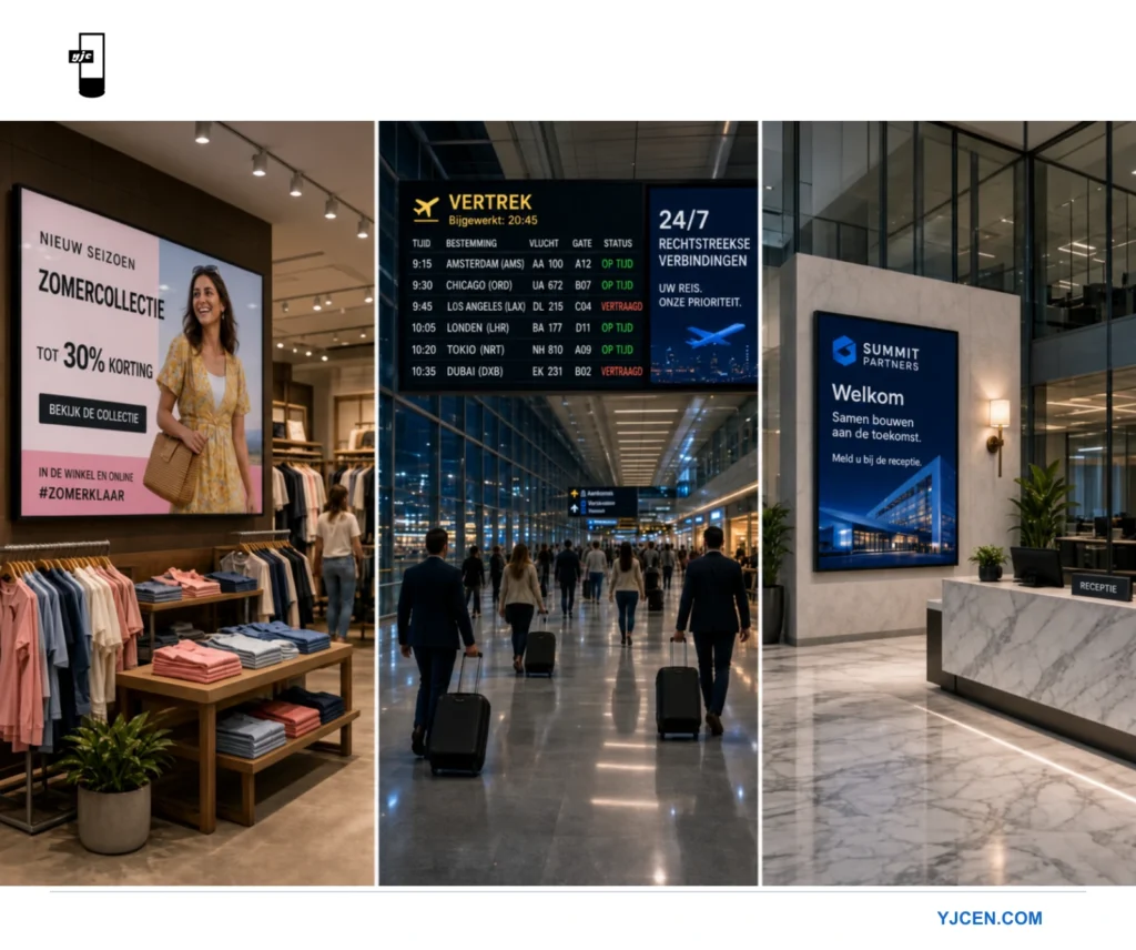 Drie voorbeelden van digital signage: een zomeractie in een winkel, een vertrekbord met vluchtinformatie op een luchthaven en een welkomstscherm in een kantoor.