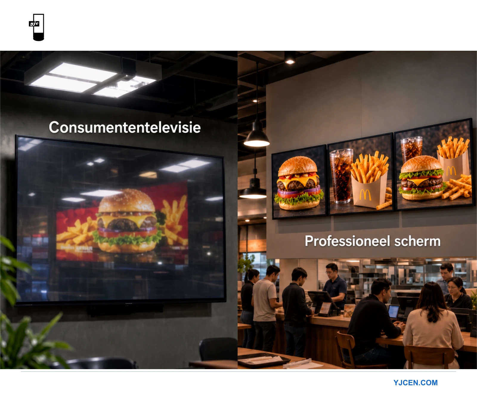 Vergelijking tussen een consumententelevisie en een professioneel display in een fastfoodrestaurant, met hamburgerreclame op een gewone tv en professionele digitale menuborden.
