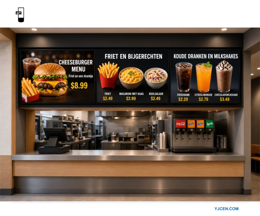 Digitaal menuscherm boven een restaurantbalie met burgers, friet, bijgerechten, koude dranken, shakes en prijzen, met een POS-systeem en drankautomaat.