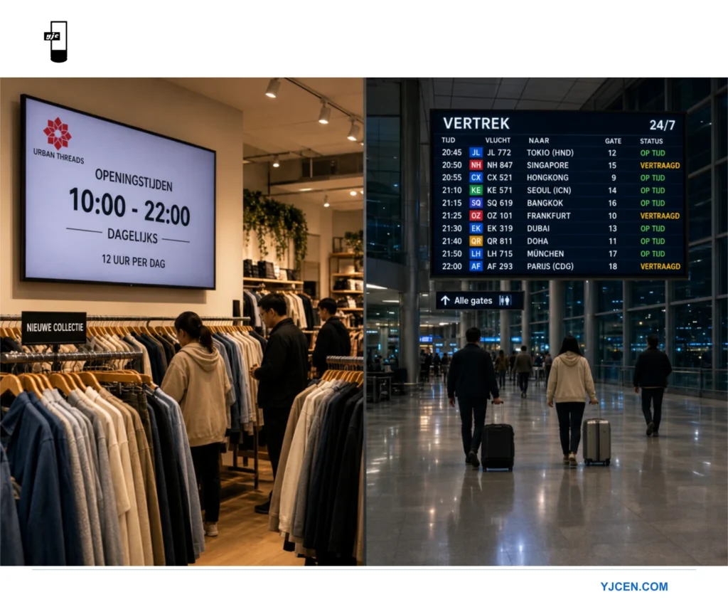 Twee voorbeelden van digital signage naast elkaar: een winkeldisplay met openingstijden en een vertrekbord op een luchthaven met vluchtinformatie.