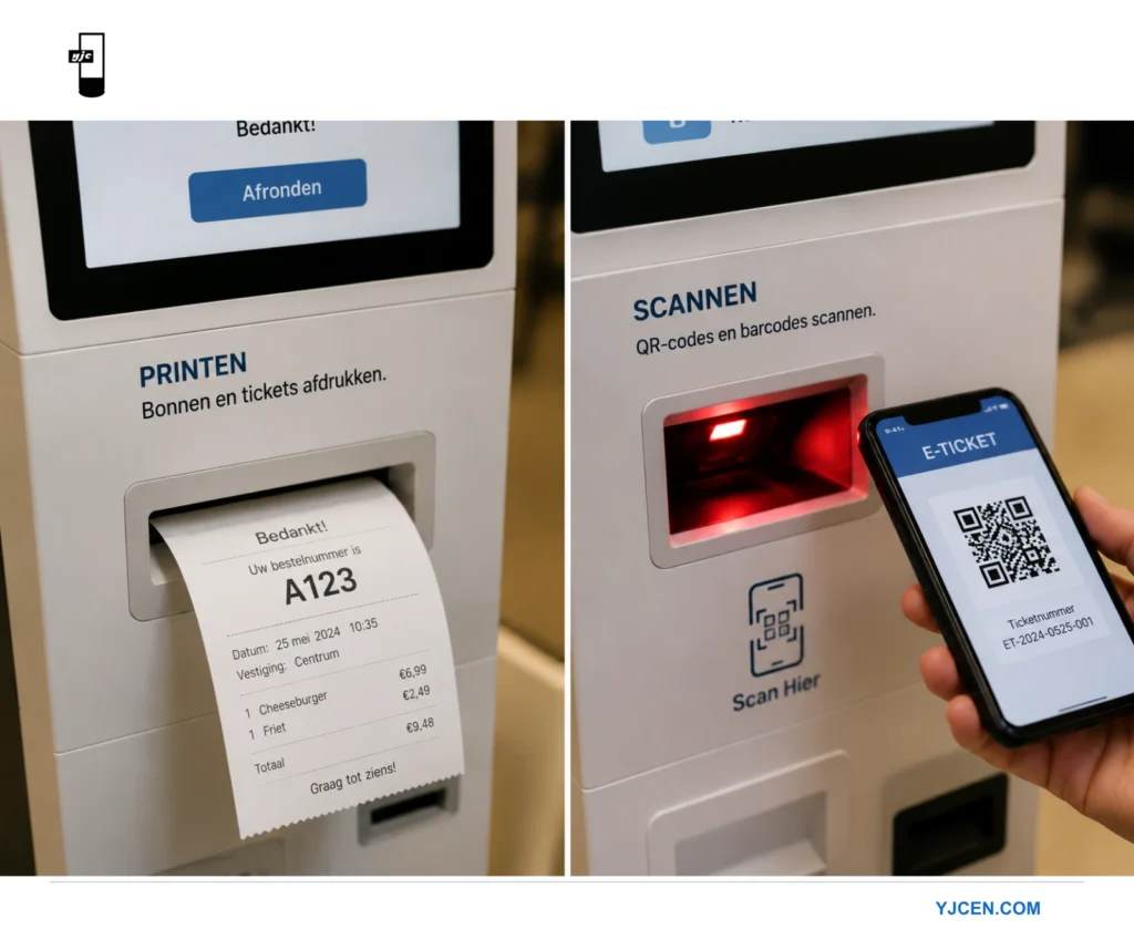 Zelfbedieningskiosk met een uitvoersleuf voor ontvangstbewijzen en een QR-codelezer