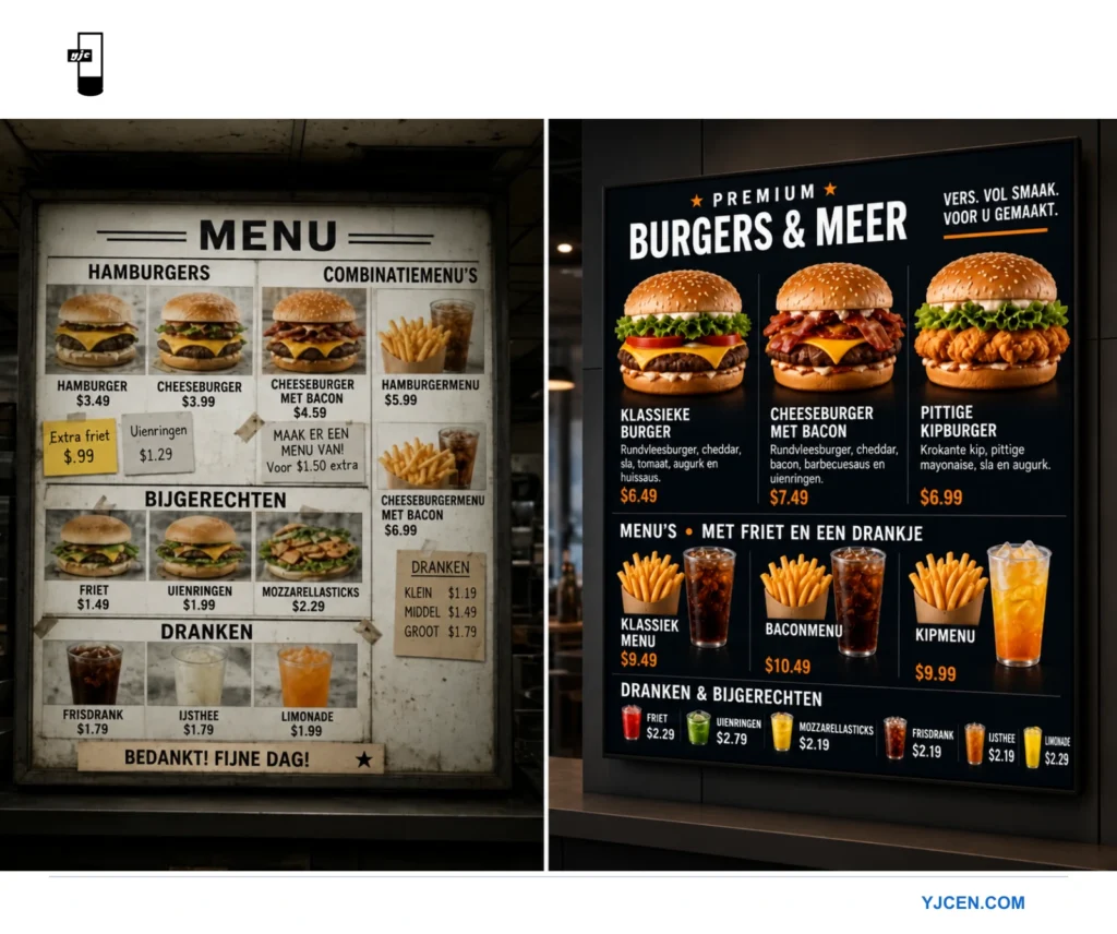 Vergelijking van een vaste lichtbak en een digitaal menubord met burgerbeelden en prijsinformatie in een snelservicerestaurant.