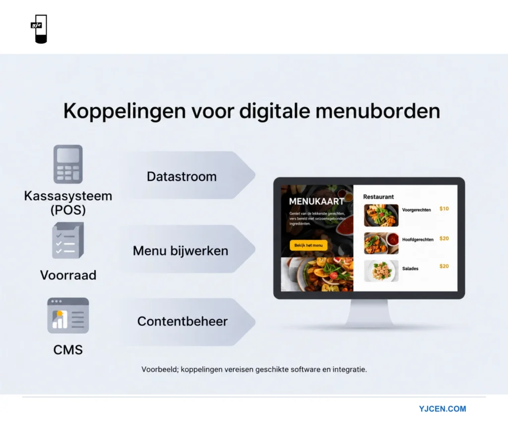 Schema van mogelijke koppelingen tussen POS, voorraad en CMS voor menucontent.