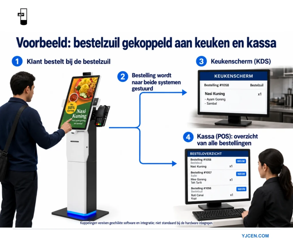 Voorbeeld van een bestelroute: kioskbestelling naar keukenweergave (KDS) en een gezamenlijk POS-besteloverzicht via ingerichte koppelingen.