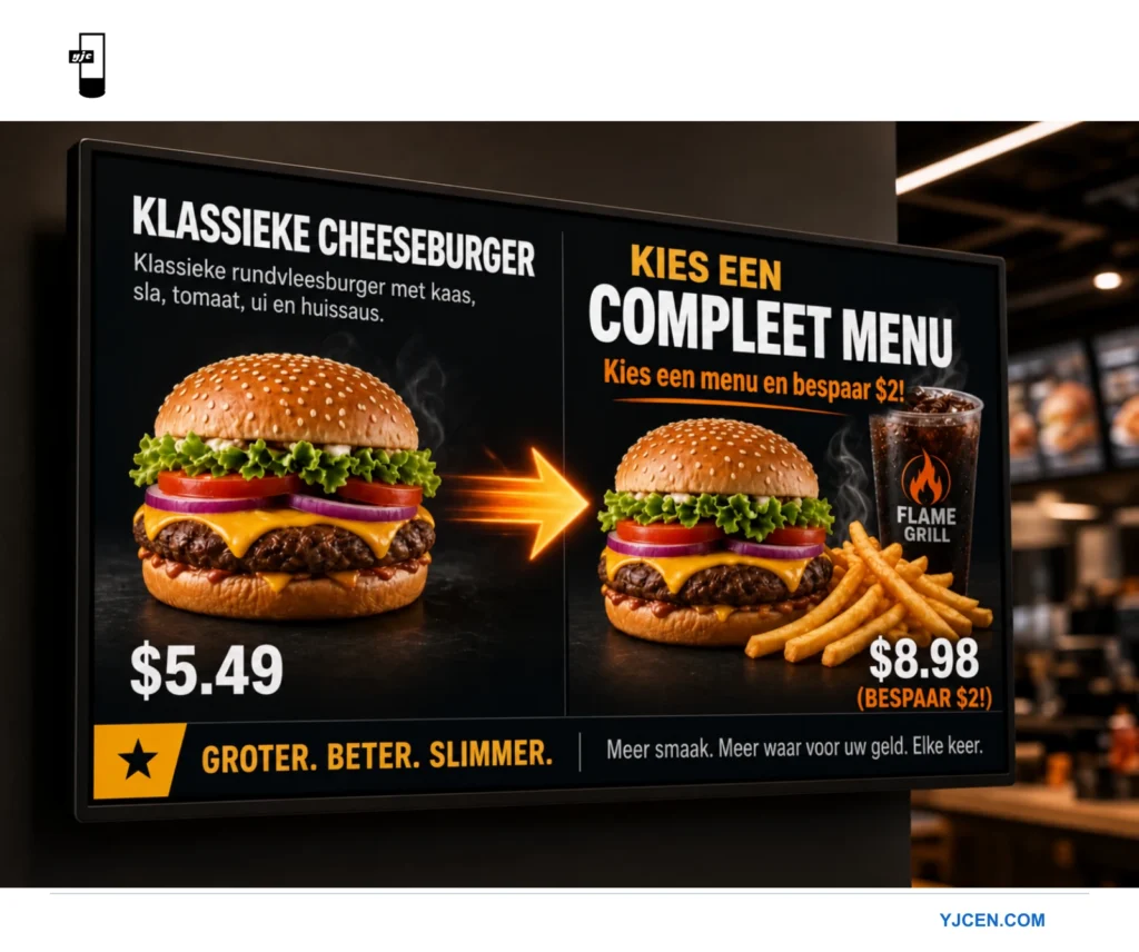 Voorbeeld van een cheeseburger en een maaltijdcombinatie met friet en drinken, met een label dat $ 2 besparing noemt.