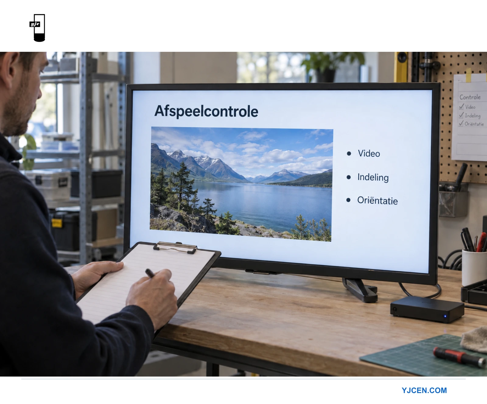 Een technicus controleert een proefvideo en een checklist voor indeling en schermstand op een display met een externe mediaspeler.