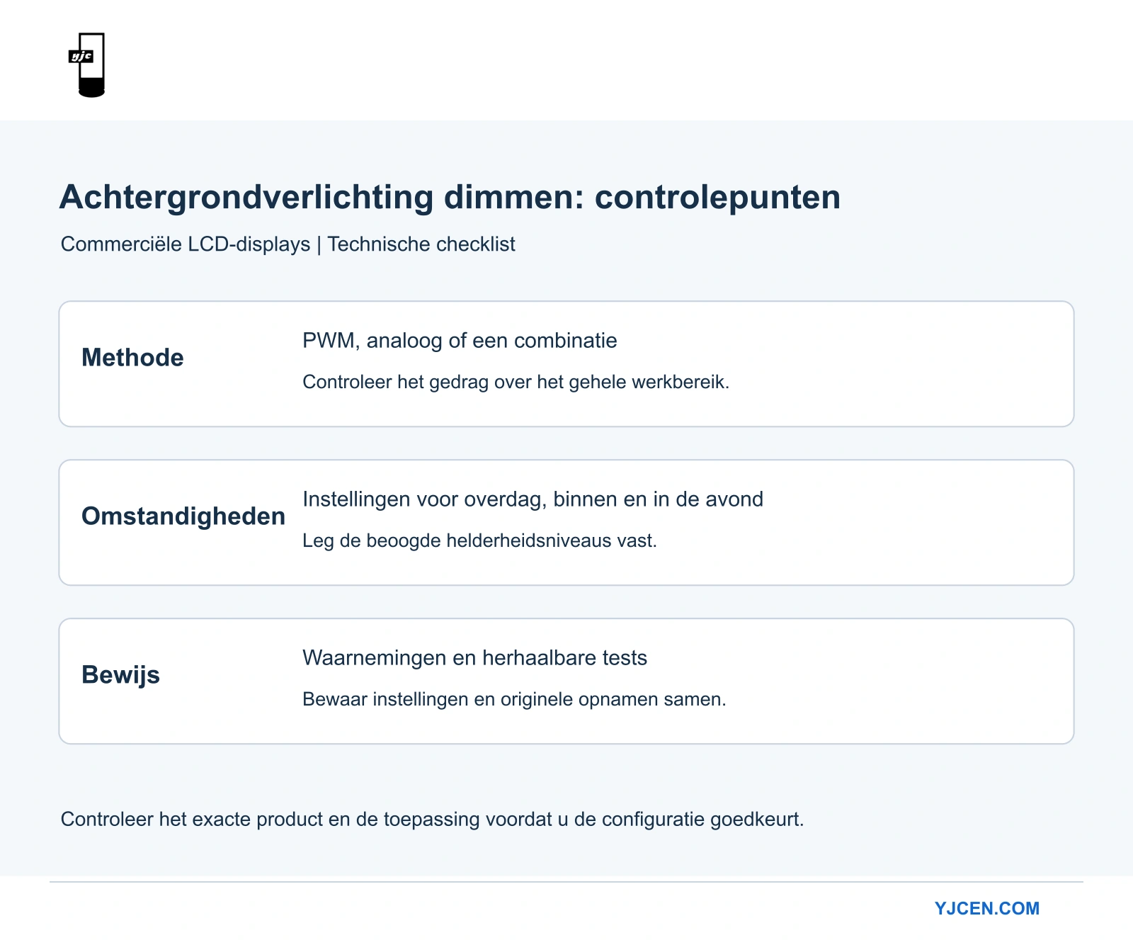 Checklist voor de dimmethode van de achtergrondverlichting, de bedrijfshelderheid, de kijkomstandigheden en de vastgelegde testresultaten.