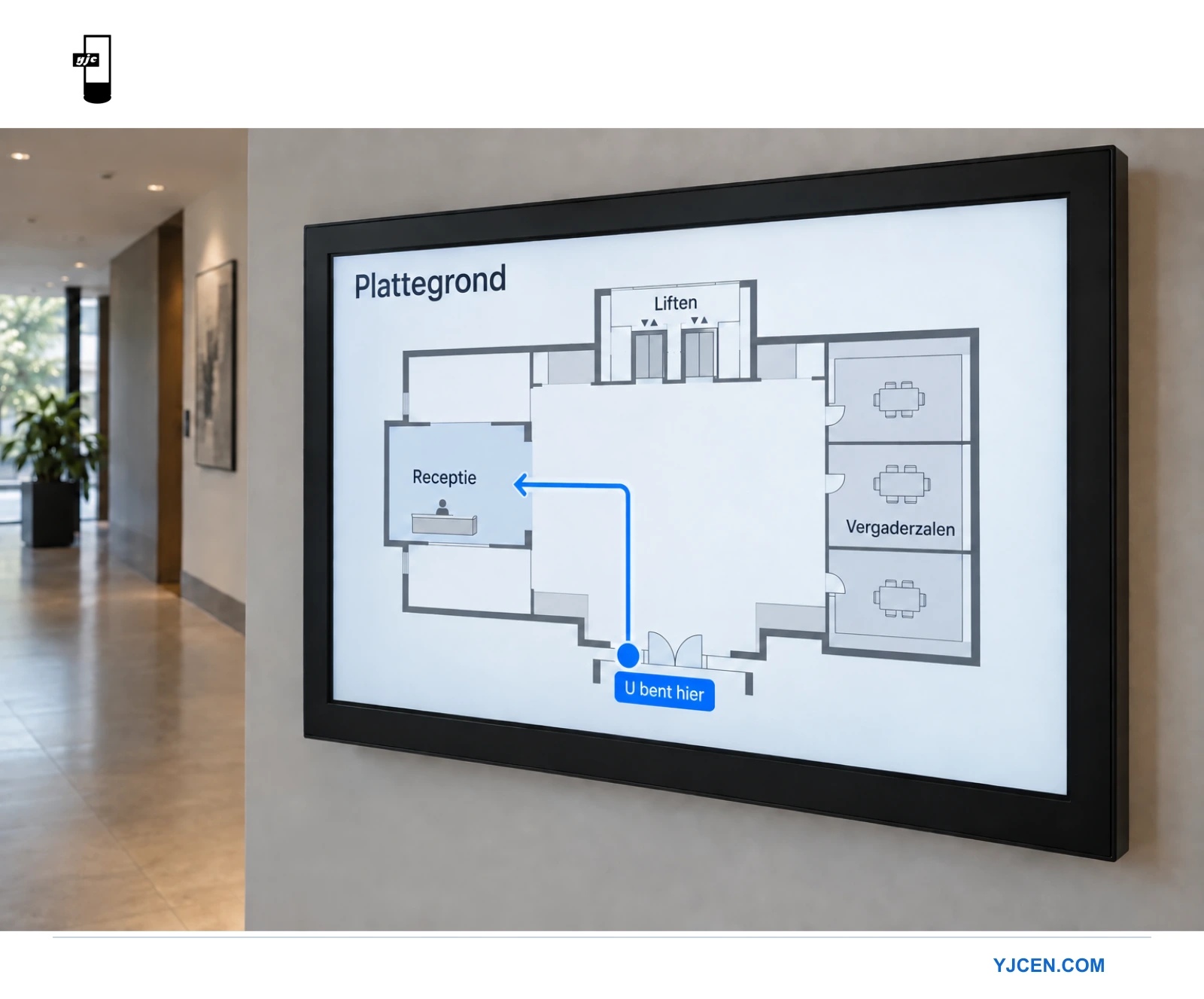 Detail van een digitaal locatieoverzicht met een markering “U bent hier”, receptie, vergaderruimten en liften op een eenvoudige plattegrond.