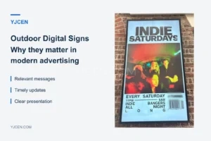 Un display esterno YJCEN montato su un muro di mattoni mostra una pubblicità per un evento accanto al titolo dell’articolo.