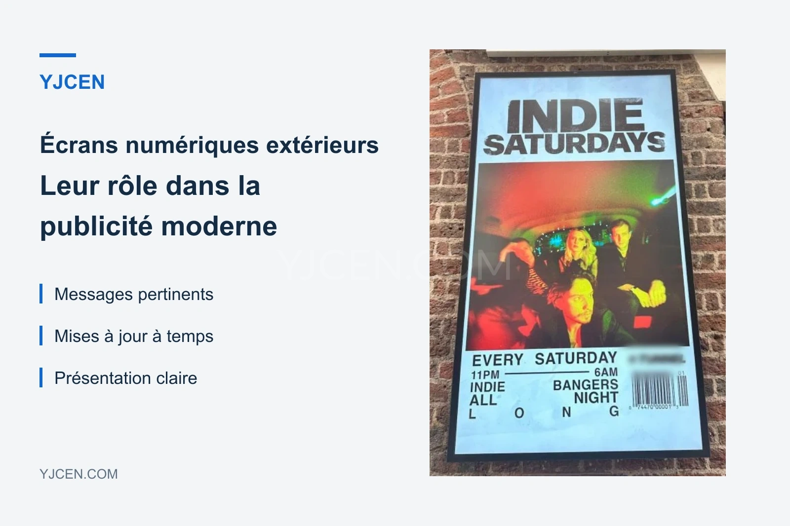 Un écran extérieur YJCEN fixé à un mur de briques diffuse une publicité événementielle à côté du titre de l’article.