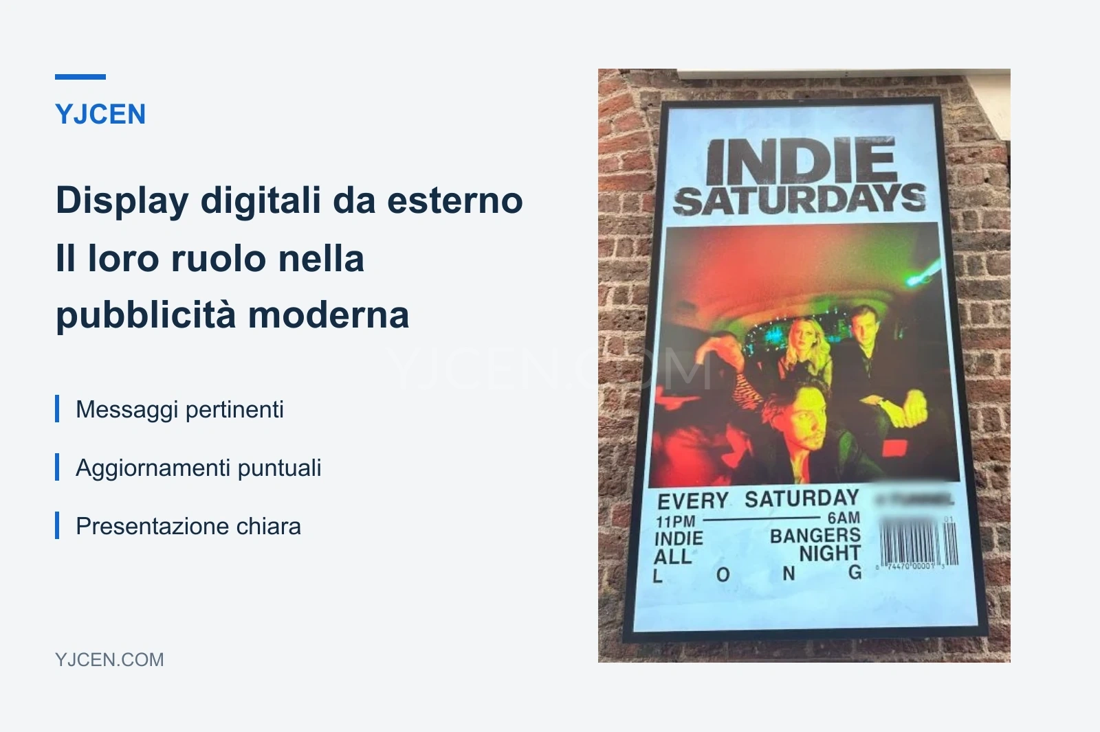 Un display esterno YJCEN montato su un muro di mattoni mostra una pubblicità per un evento accanto al titolo dell’articolo.