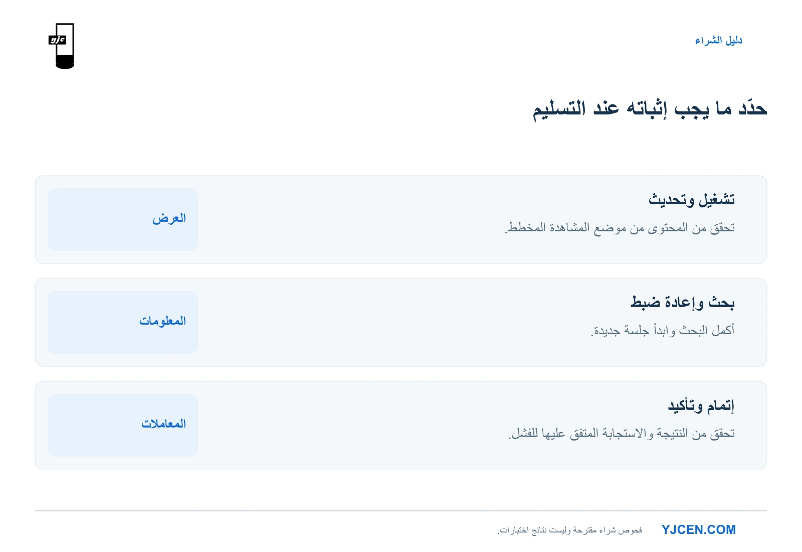 ثلاثة فحوص قبول مقترحة: عرض المحتوى وتحديثه وإتمام بحث معلومات والتحقق من نتيجة خدمة أو معاملة.