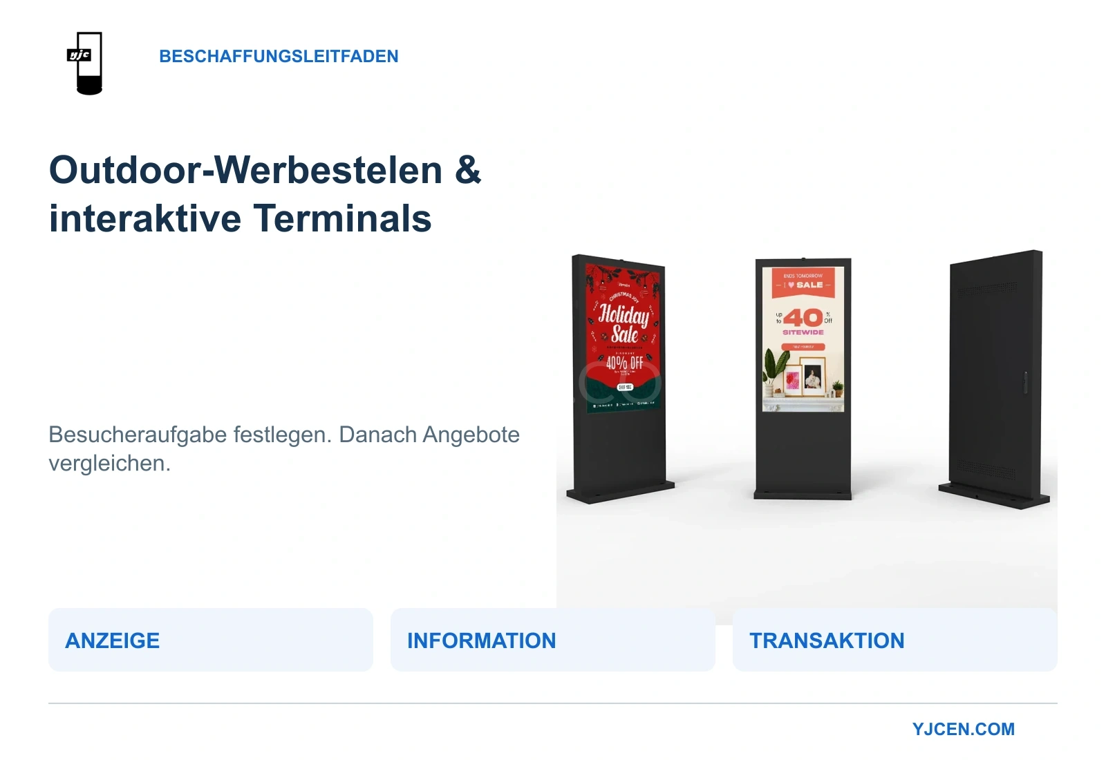 Outdoor-Digitalkiosk von YJCEN in Front- und Rückansicht neben drei Beschaffungsumfängen: Anzeige, Information und Transaktion.
