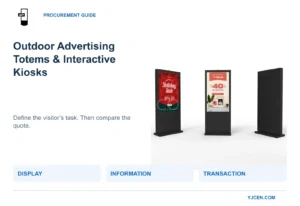 Quiosco digital exterior YJCEN visto de frente y por detrás junto a tres alcances de compra: visualización, información y transacción.