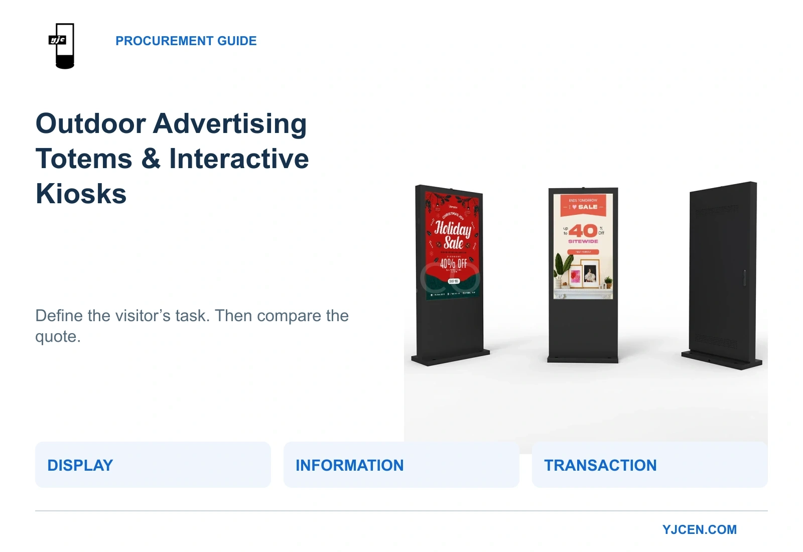 YJCEN outdoor digital kiosk shown from the front and rear beside three procurement scopes: display, information and transaction.