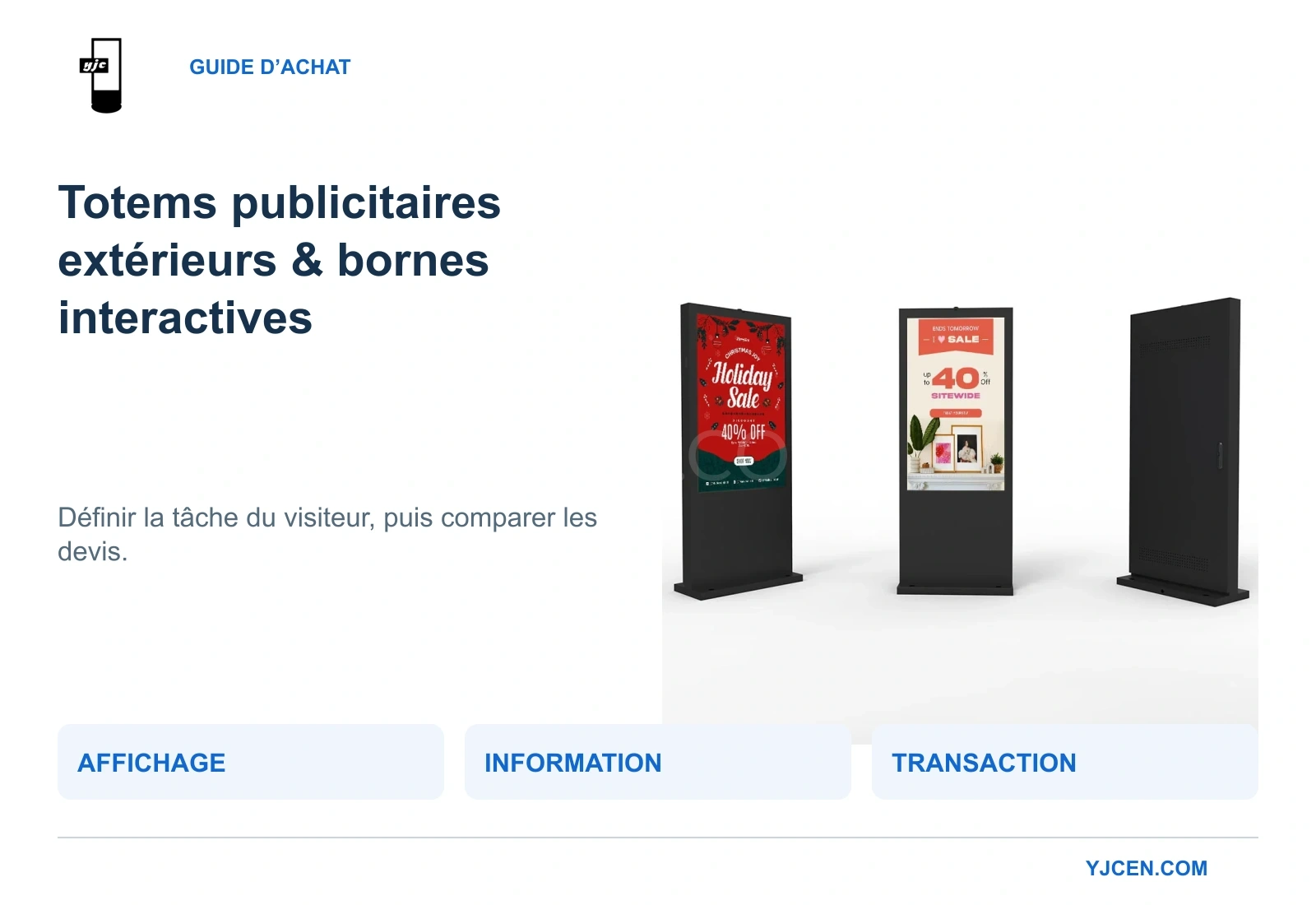 Totem numérique extérieur YJCEN vu de face et de dos, à côté de trois périmètres d’achat : affichage, information et transaction.